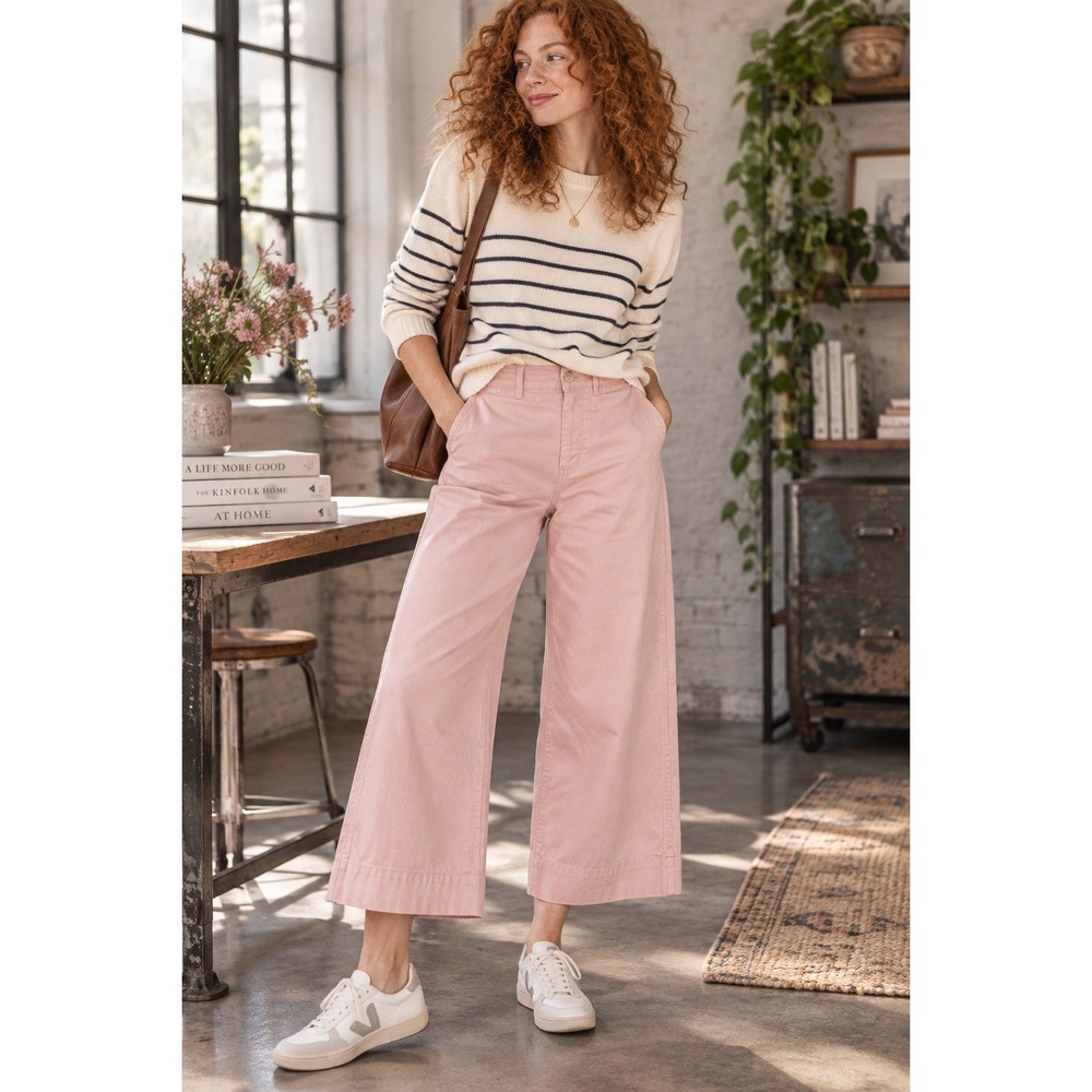 Madewell Emmett Wide Leg Crop Pants Pink High Rise Cotton Canvas Size 31